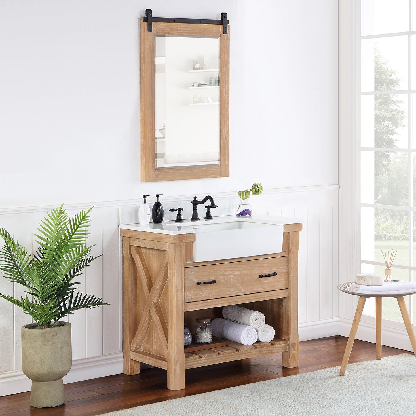 Vinnova, Villareal 36" Single Bath Vanity in Weathered Pine with Composite Stone Top in White, White Farmhouse Basin and Mirror