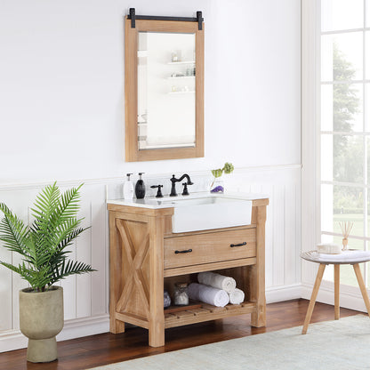Vinnova, Villareal 36" Single Bath Vanity in Weathered Pine with Composite Stone Top in White, White Farmhouse Basin and Mirror