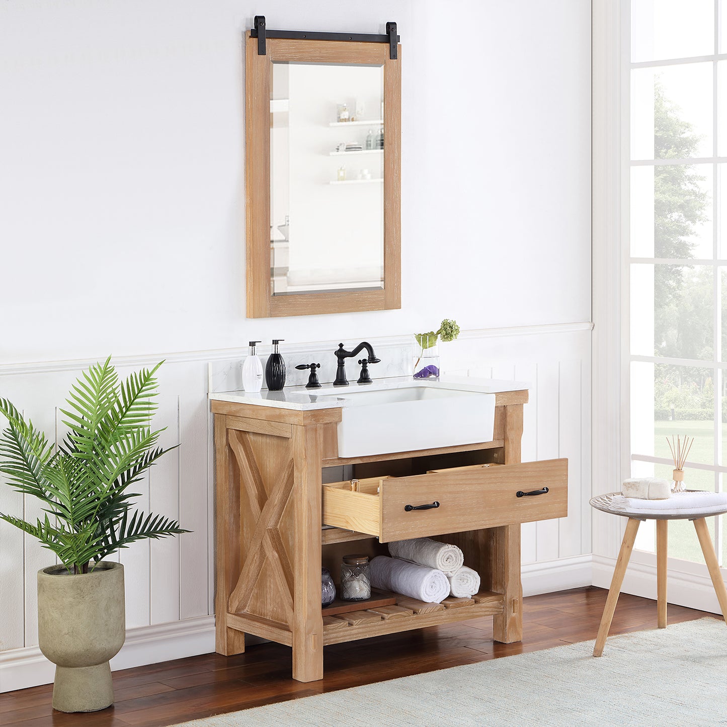 Vinnova, Villareal 36" Single Bath Vanity in Weathered Pine with Composite Stone Top in White, White Farmhouse Basin and Mirror