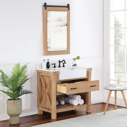 Vinnova, Villareal 36" Single Bath Vanity in Weathered Pine with Composite Stone Top in White, White Farmhouse Basin and Mirror