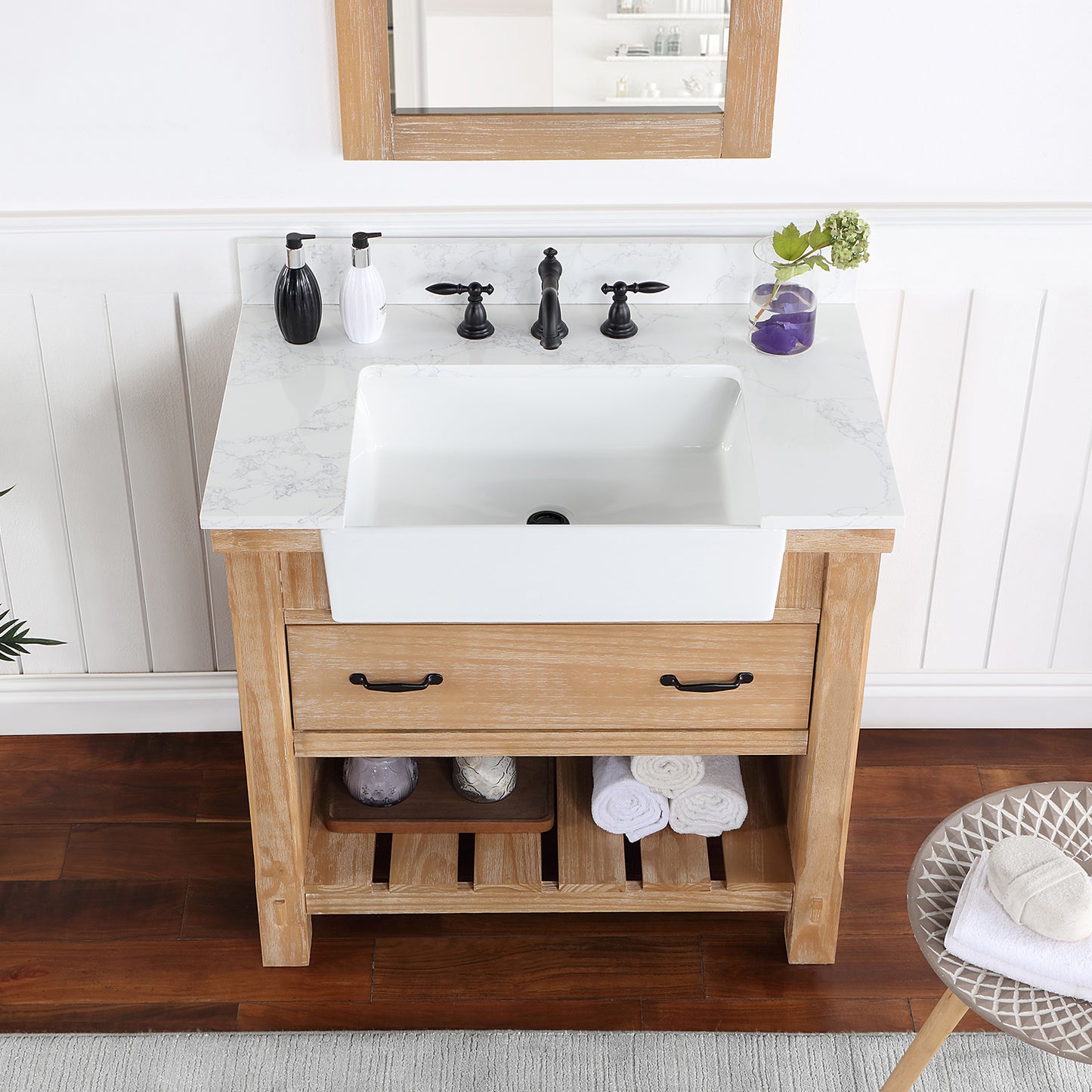 Vinnova, Villareal 36" Single Bath Vanity in Weathered Pine with Composite Stone Top in White, White Farmhouse Basin and Mirror