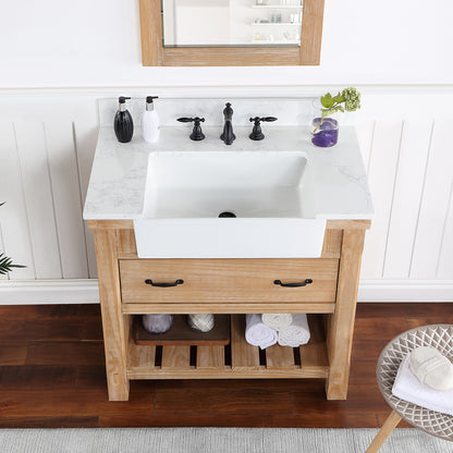 Vinnova, Villareal 36" Single Bath Vanity in Weathered Pine with Composite Stone Top in White, White Farmhouse Basin and Mirror