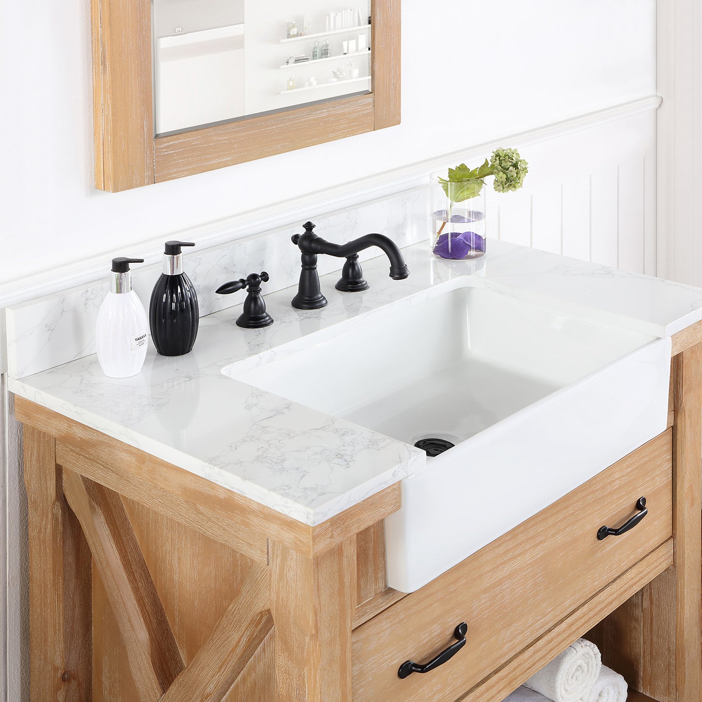 Vinnova, Villareal 36" Single Bath Vanity in Weathered Pine with Composite Stone Top in White, White Farmhouse Basin and Mirror