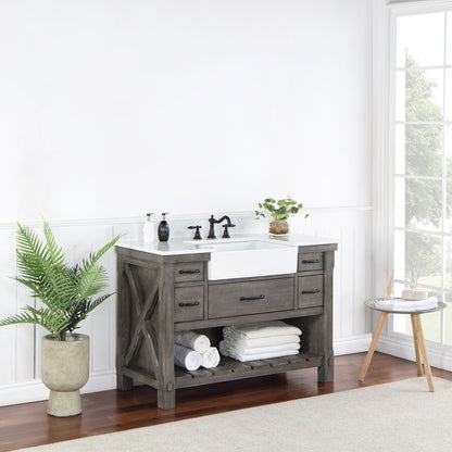 Vinnova, Villareal 48" Single Bath Vanity in Classical Grey with Composite Stone Top in White, White Farmhouse Basin
