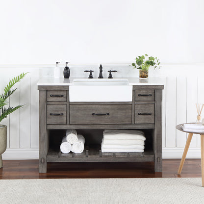 Vinnova, Villareal 48" Single Bath Vanity in Classical Grey with Composite Stone Top in White, White Farmhouse Basin