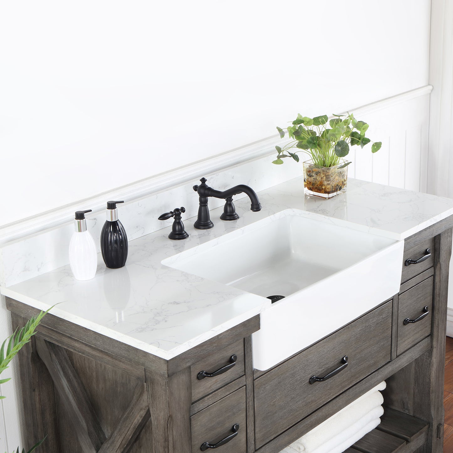 Vinnova, Villareal 48" Single Bath Vanity in Classical Grey with Composite Stone Top in White, White Farmhouse Basin