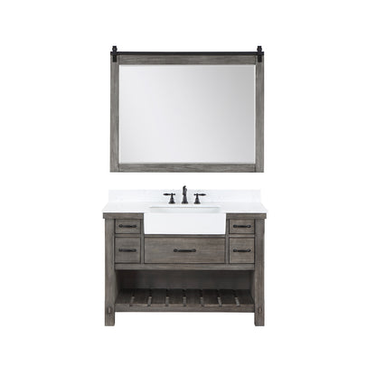 Vinnova, Villareal 48" Single Bath Vanity in Classical Grey with Composite Stone Top in White, White Farmhouse Basin and Mirror