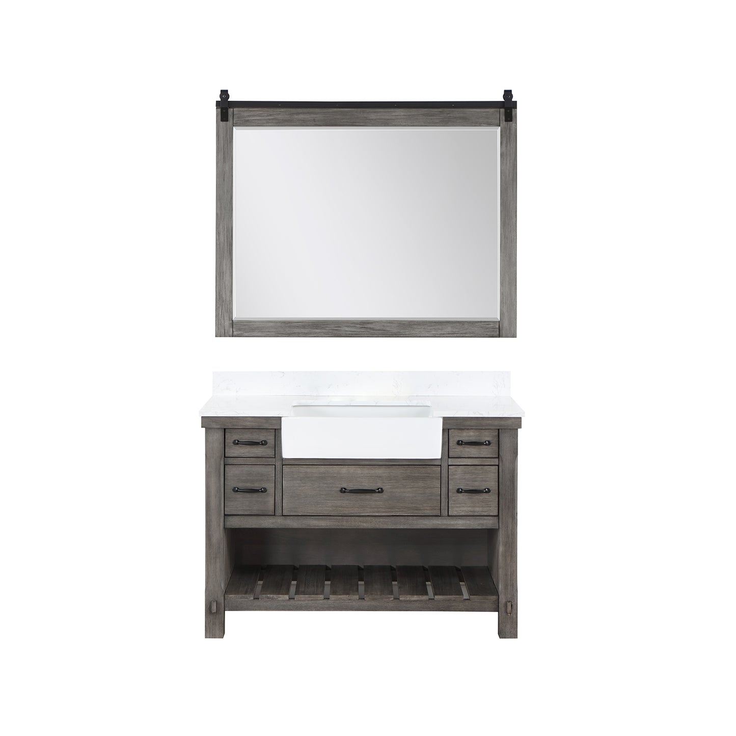 Vinnova, Villareal 48" Single Bath Vanity in Classical Grey with Composite Stone Top in White, White Farmhouse Basin and Mirror