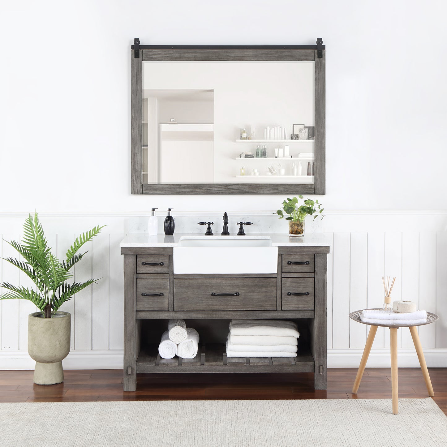 Vinnova, Villareal 48" Single Bath Vanity in Classical Grey with Composite Stone Top in White, White Farmhouse Basin and Mirror