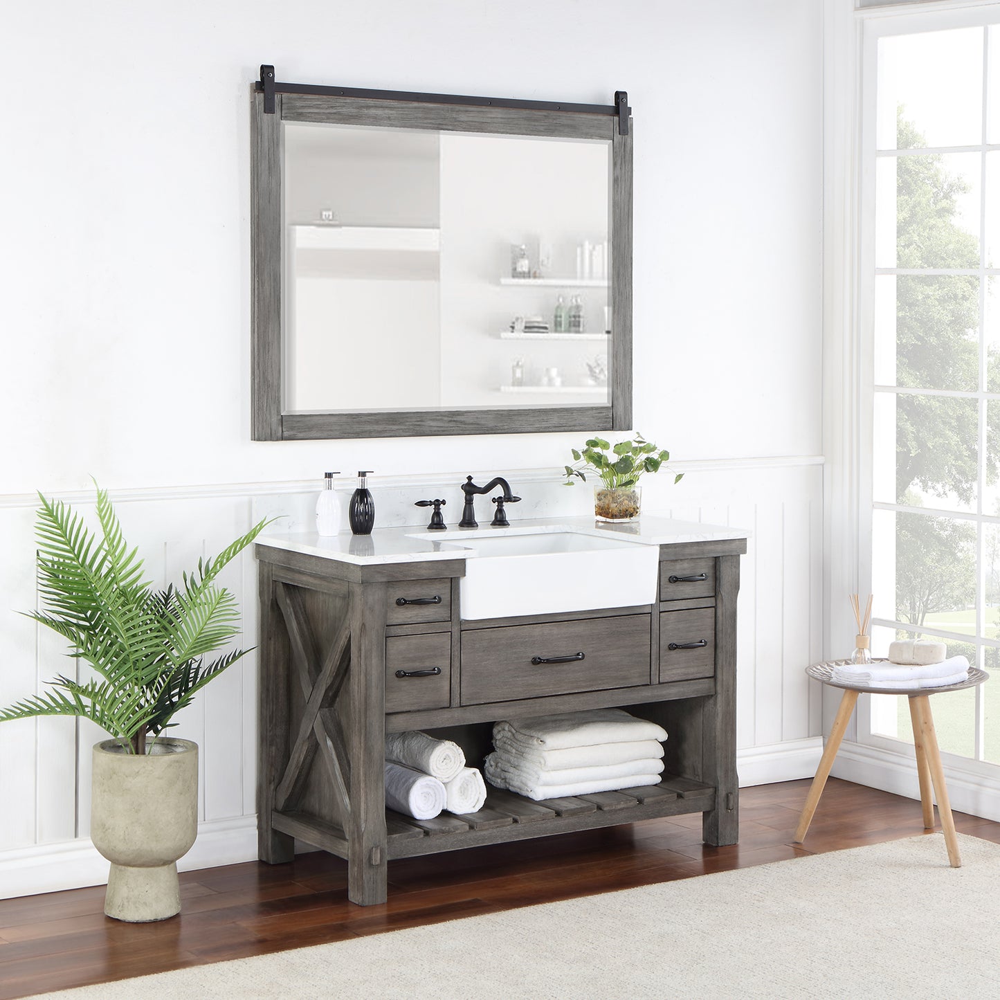 Vinnova, Villareal 48" Single Bath Vanity in Classical Grey with Composite Stone Top in White, White Farmhouse Basin and Mirror