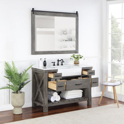 Vinnova, Villareal 48" Single Bath Vanity in Classical Grey with Composite Stone Top in White, White Farmhouse Basin and Mirror