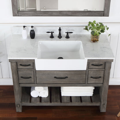 Vinnova, Villareal 48" Single Bath Vanity in Classical Grey with Composite Stone Top in White, White Farmhouse Basin and Mirror