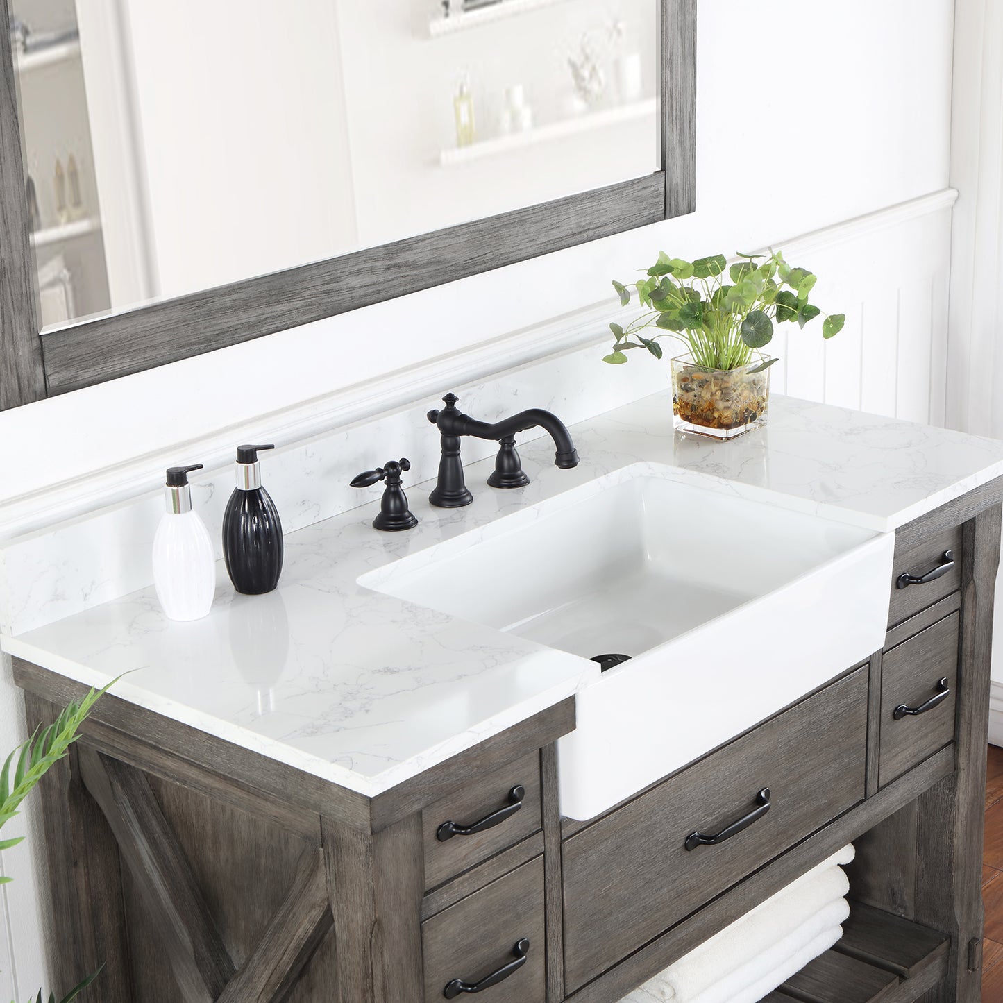 Vinnova, Villareal 48" Single Bath Vanity in Classical Grey with Composite Stone Top in White, White Farmhouse Basin and Mirror