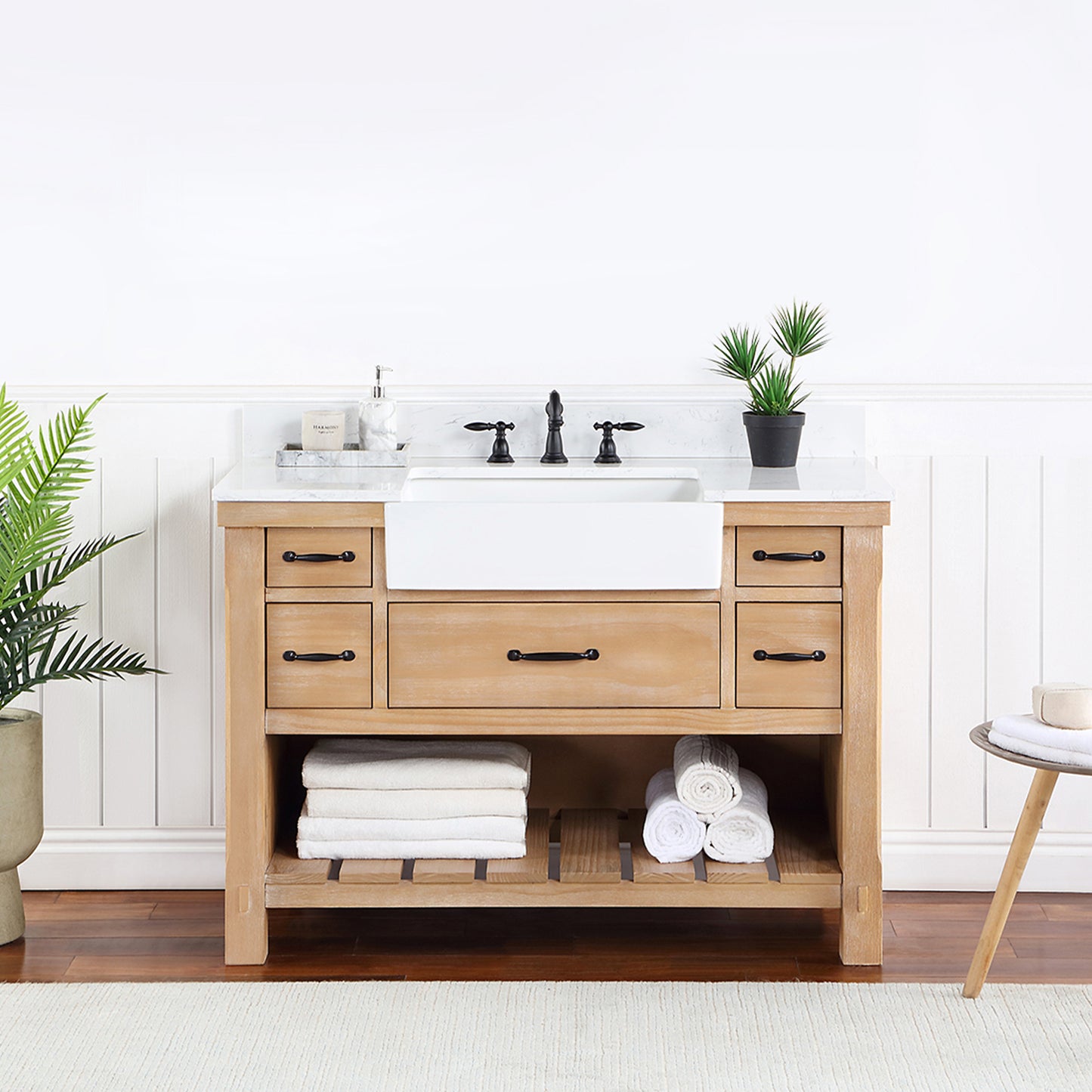 Vinnova, Villareal 48" Single Bath Vanity in Weathered Pine with Composite Stone Top in White, White Farmhouse Basin