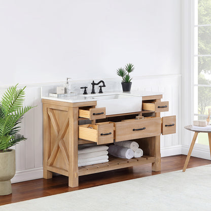 Vinnova, Villareal 48" Single Bath Vanity in Weathered Pine with Composite Stone Top in White, White Farmhouse Basin
