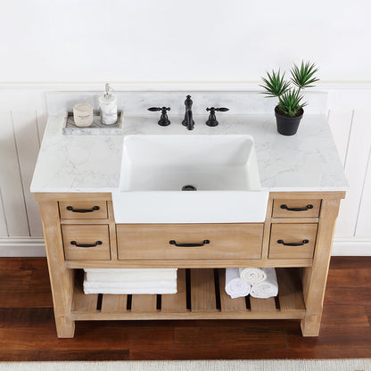 Vinnova, Villareal 48" Single Bath Vanity in Weathered Pine with Composite Stone Top in White, White Farmhouse Basin