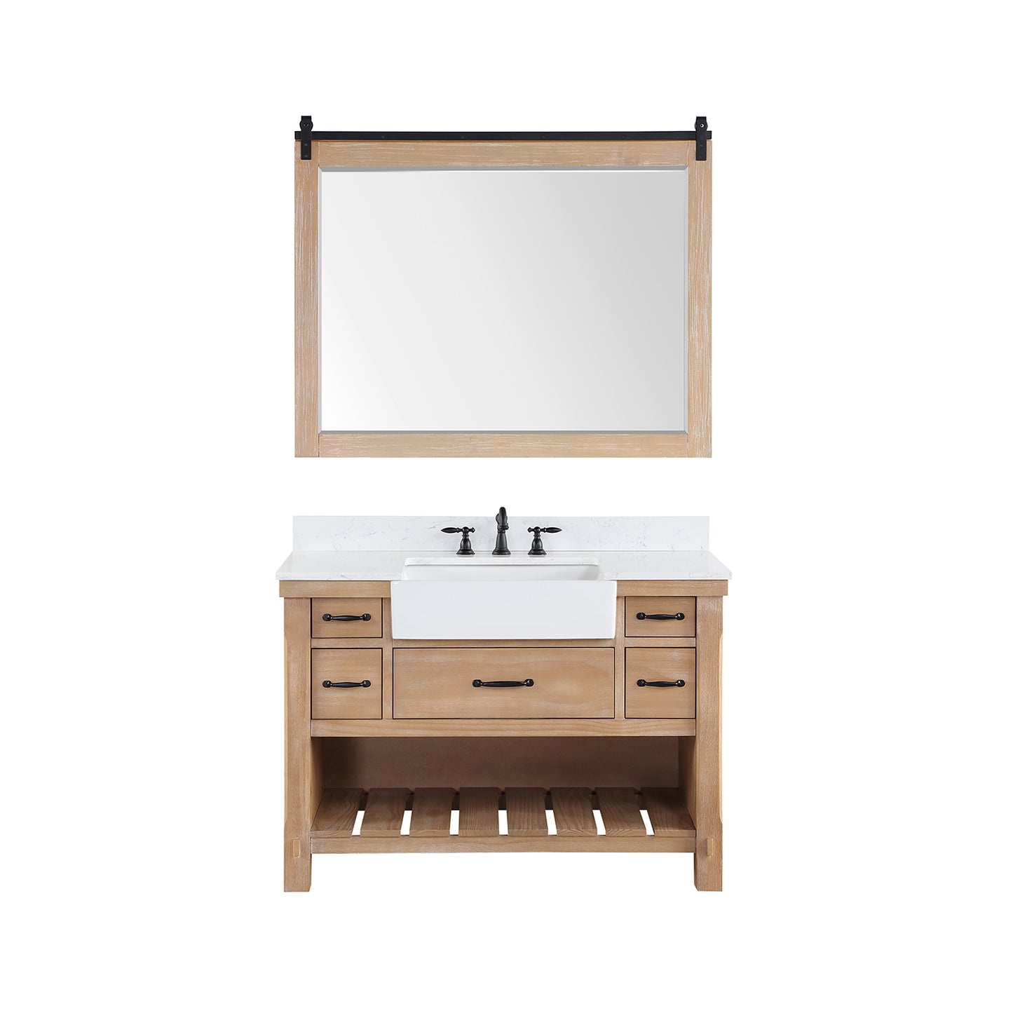 Vinnova, Villareal 48" Single Bath Vanity in Weathered Pine with Composite Stone Top in White, White Farmhouse Basin and Mirror