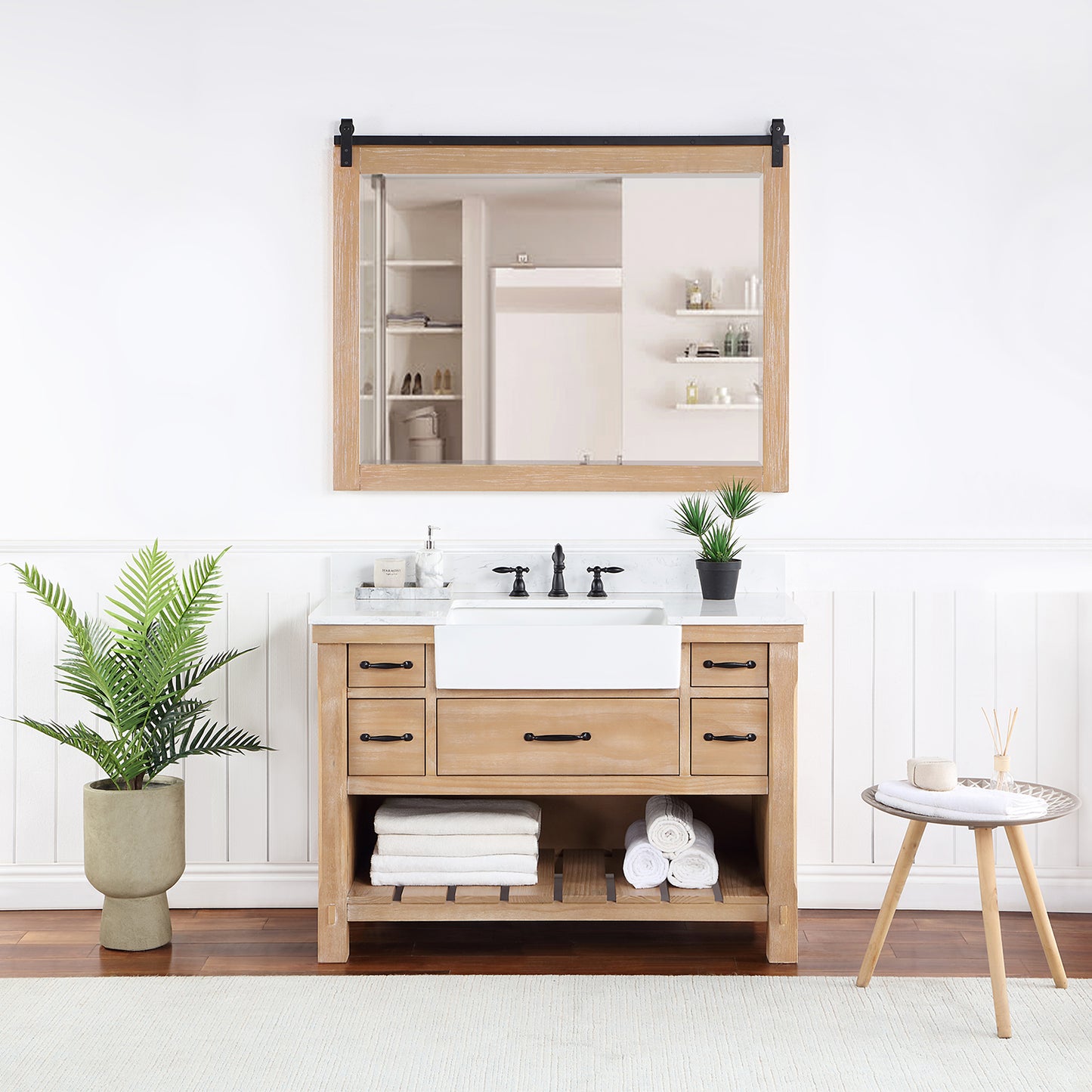 Vinnova, Villareal 48" Single Bath Vanity in Weathered Pine with Composite Stone Top in White, White Farmhouse Basin and Mirror