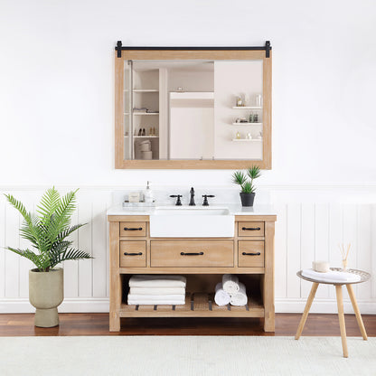 Vinnova, Villareal 48" Single Bath Vanity in Weathered Pine with Composite Stone Top in White, White Farmhouse Basin and Mirror