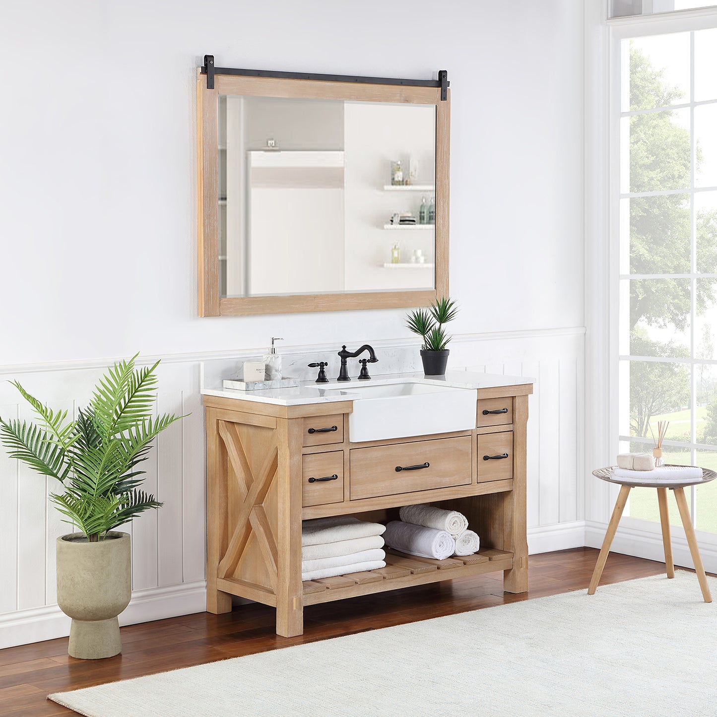 Vinnova, Villareal 48" Single Bath Vanity in Weathered Pine with Composite Stone Top in White, White Farmhouse Basin and Mirror