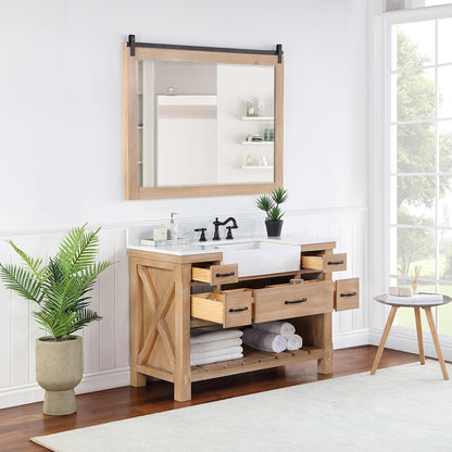 Vinnova, Villareal 48" Single Bath Vanity in Weathered Pine with Composite Stone Top in White, White Farmhouse Basin and Mirror
