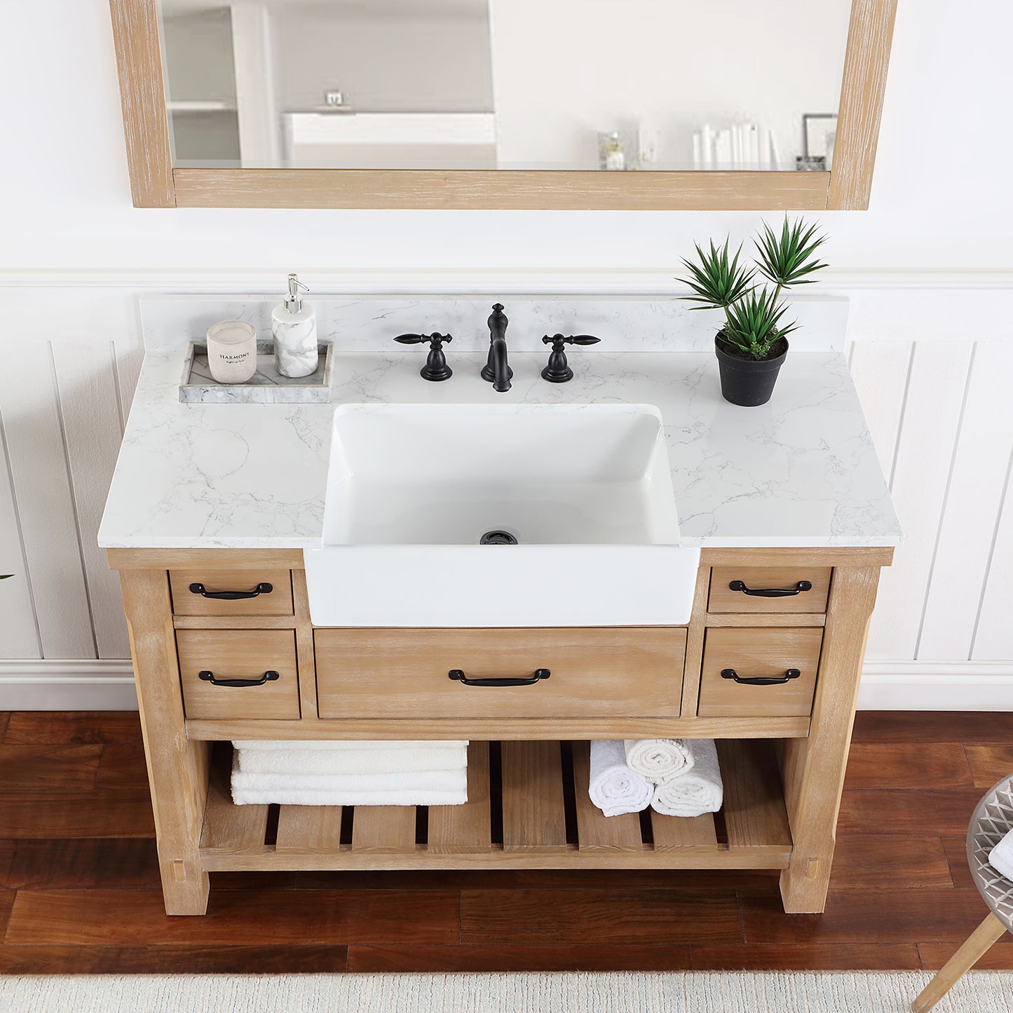 Vinnova, Villareal 48" Single Bath Vanity in Weathered Pine with Composite Stone Top in White, White Farmhouse Basin and Mirror