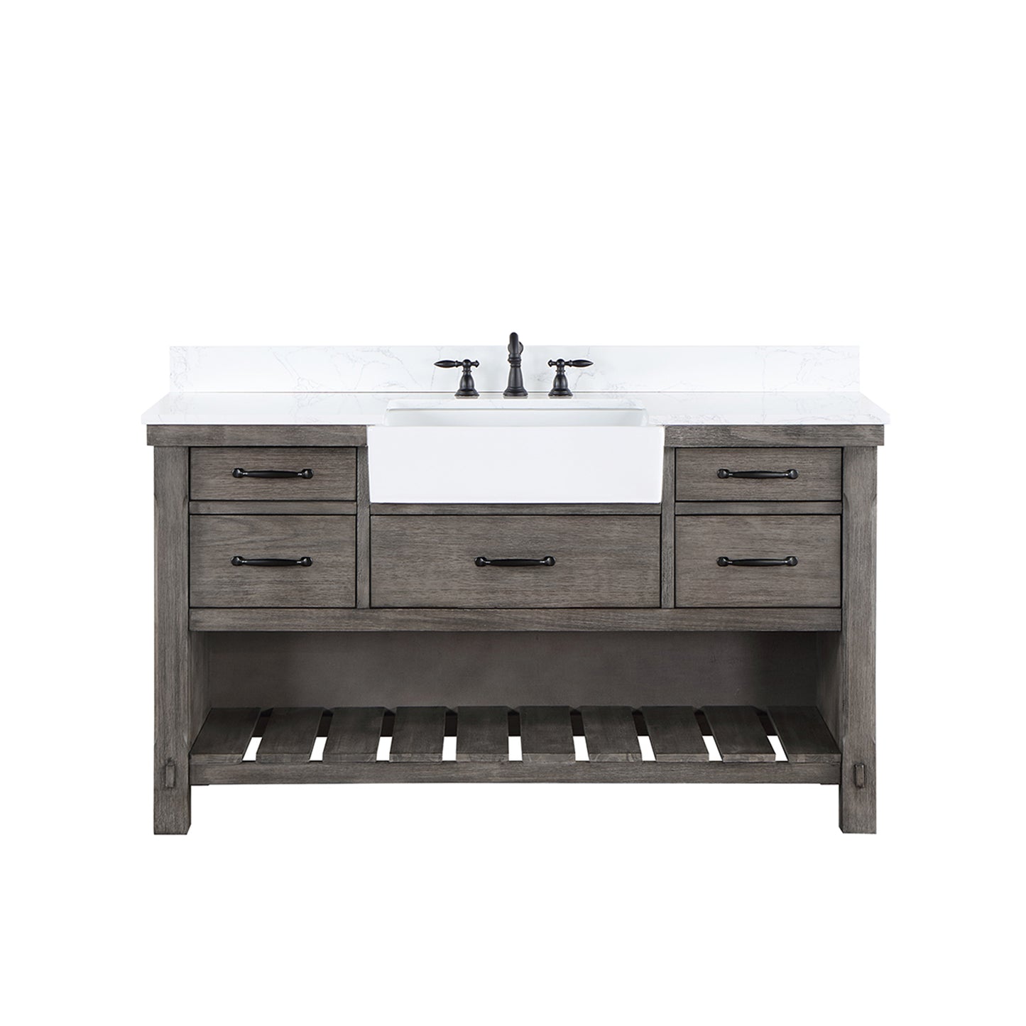 Vinnova, Villareal 60" Single Bath Vanity in Classical Grey with Composite Stone Top in White, White Farmhouse Basin