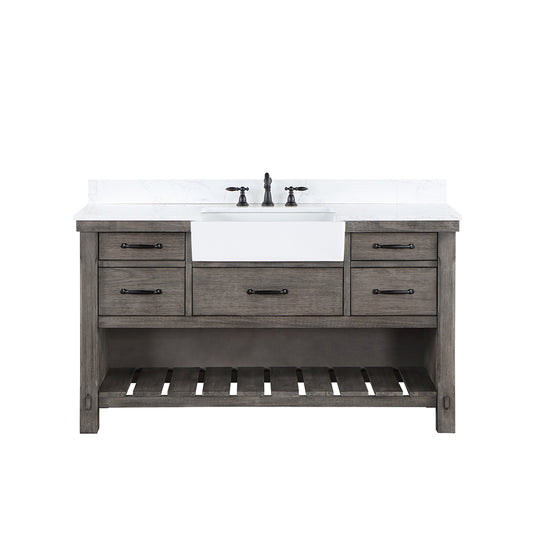 Vinnova, Villareal 60" Single Bath Vanity in Classical Grey with Composite Stone Top in White, White Farmhouse Basin