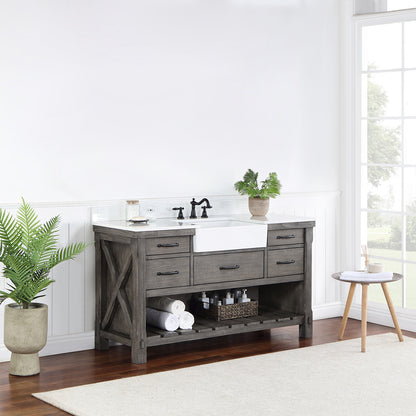 Vinnova, Villareal 60" Single Bath Vanity in Classical Grey with Composite Stone Top in White, White Farmhouse Basin