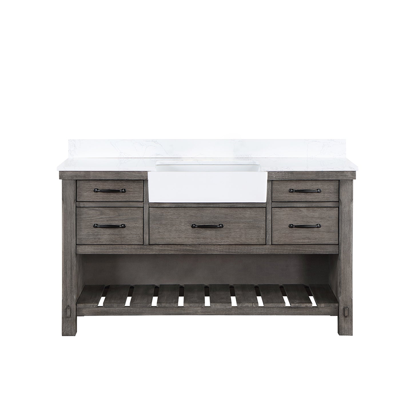 Vinnova, Villareal 60" Single Bath Vanity in Classical Grey with Composite Stone Top in White, White Farmhouse Basin