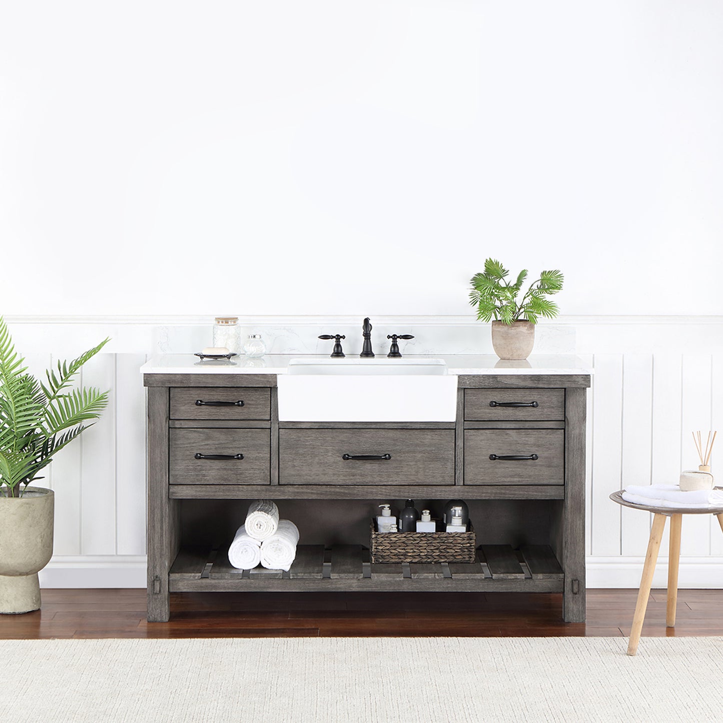 Vinnova, Villareal 60" Single Bath Vanity in Classical Grey with Composite Stone Top in White, White Farmhouse Basin