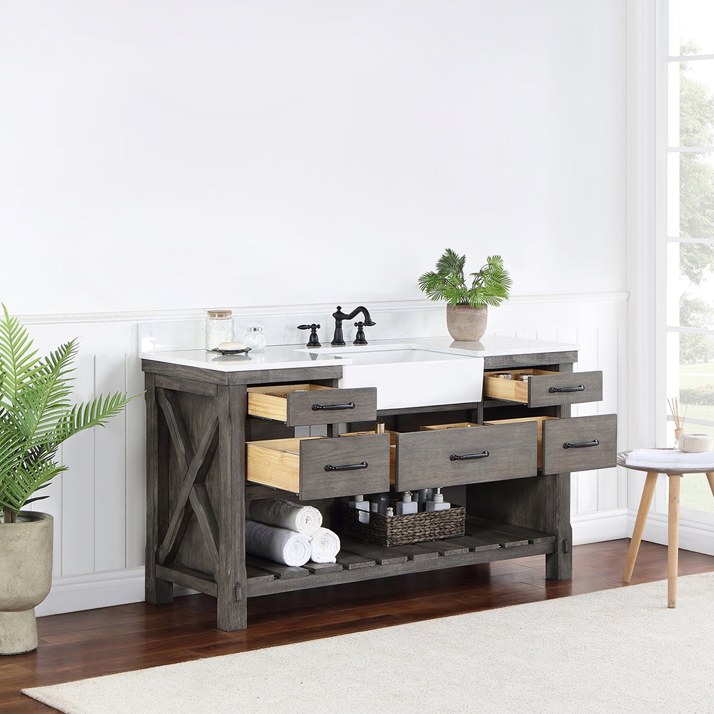 Vinnova, Villareal 60" Single Bath Vanity in Classical Grey with Composite Stone Top in White, White Farmhouse Basin