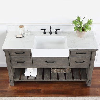 Vinnova, Villareal 60" Single Bath Vanity in Classical Grey with Composite Stone Top in White, White Farmhouse Basin