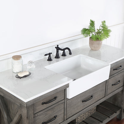 Vinnova, Villareal 60" Single Bath Vanity in Classical Grey with Composite Stone Top in White, White Farmhouse Basin
