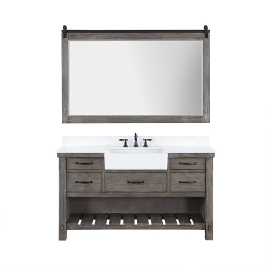 Vinnova, Villareal 60" Single Bath Vanity in Classical Grey with Composite Stone Top in White, White Farmhouse Basin and Mirror