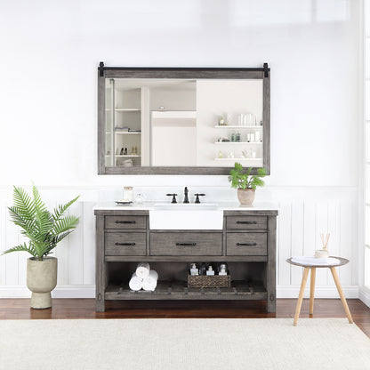 Vinnova, Villareal 60" Single Bath Vanity in Classical Grey with Composite Stone Top in White, White Farmhouse Basin and Mirror
