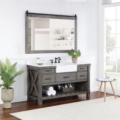 Vinnova, Villareal 60" Single Bath Vanity in Classical Grey with Composite Stone Top in White, White Farmhouse Basin and Mirror