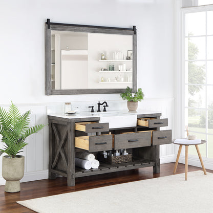 Vinnova, Villareal 60" Single Bath Vanity in Classical Grey with Composite Stone Top in White, White Farmhouse Basin and Mirror