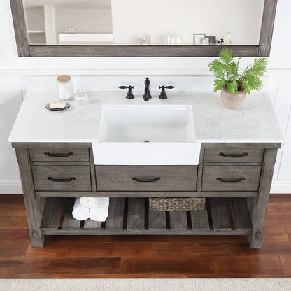 Vinnova, Villareal 60" Single Bath Vanity in Classical Grey with Composite Stone Top in White, White Farmhouse Basin and Mirror