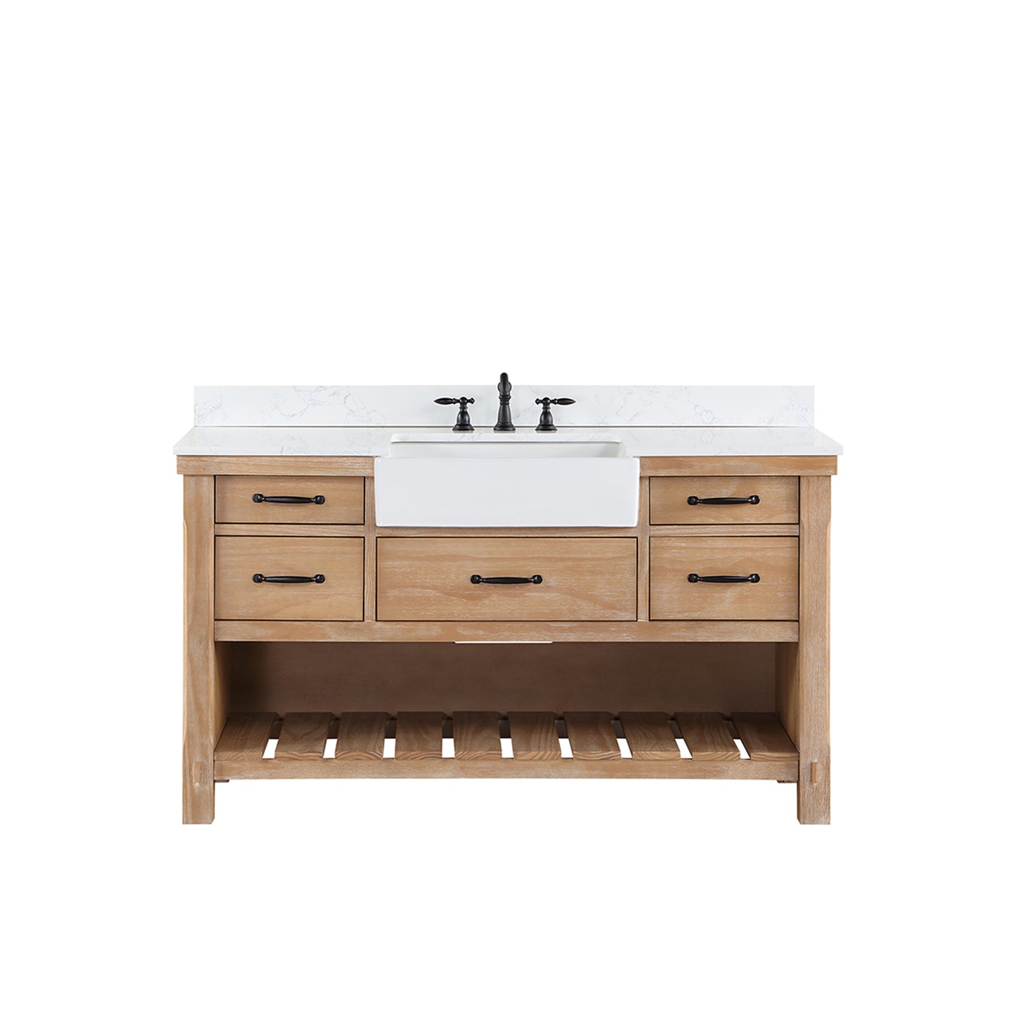 Vinnova, Villareal 60" Single Bath Vanity in Weathered Pine with Composite Stone Top in White, White Farmhouse Basin