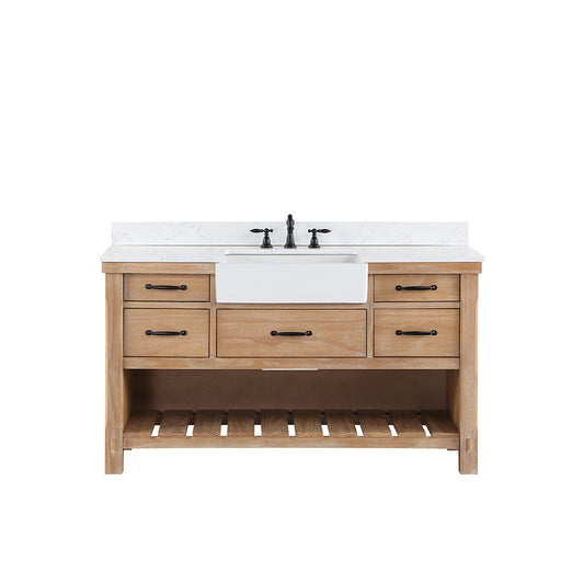 Vinnova, Villareal 60" Single Bath Vanity in Weathered Pine with Composite Stone Top in White, White Farmhouse Basin
