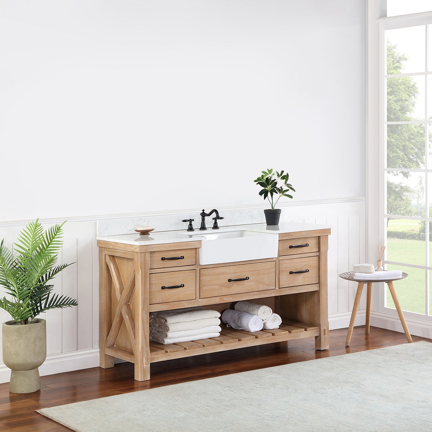 Vinnova, Villareal 60" Single Bath Vanity in Weathered Pine with Composite Stone Top in White, White Farmhouse Basin