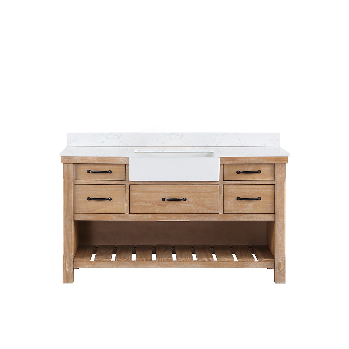 Vinnova, Villareal 60" Single Bath Vanity in Weathered Pine with Composite Stone Top in White, White Farmhouse Basin
