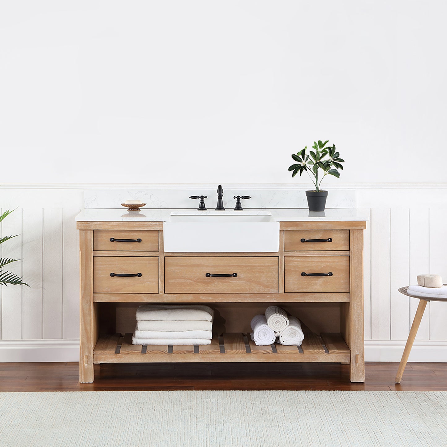 Vinnova, Villareal 60" Single Bath Vanity in Weathered Pine with Composite Stone Top in White, White Farmhouse Basin