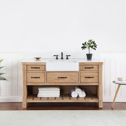 Vinnova, Villareal 60" Single Bath Vanity in Weathered Pine with Composite Stone Top in White, White Farmhouse Basin