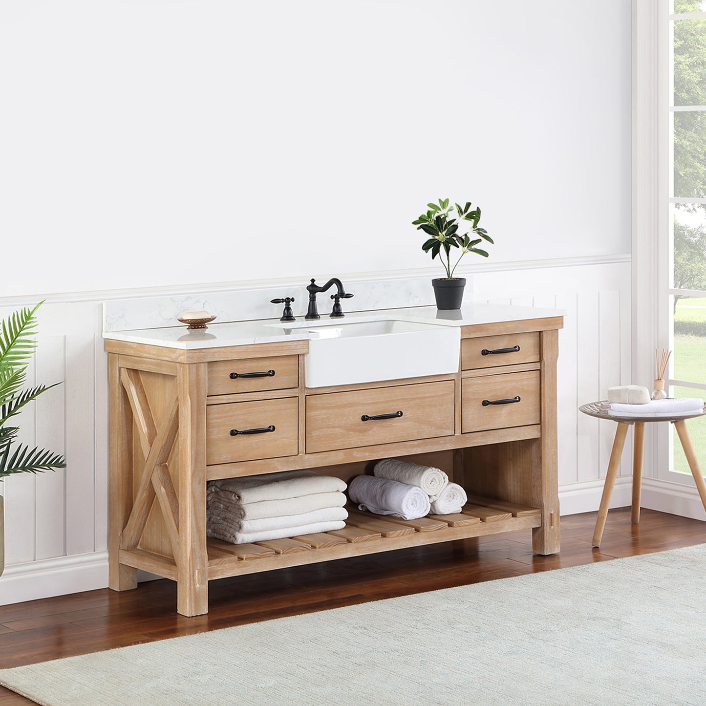 Vinnova, Villareal 60" Single Bath Vanity in Weathered Pine with Composite Stone Top in White, White Farmhouse Basin