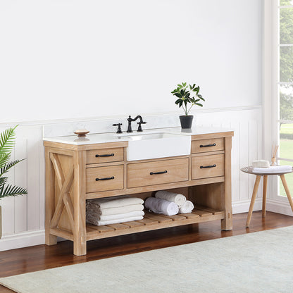 Vinnova, Villareal 60" Single Bath Vanity in Weathered Pine with Composite Stone Top in White, White Farmhouse Basin