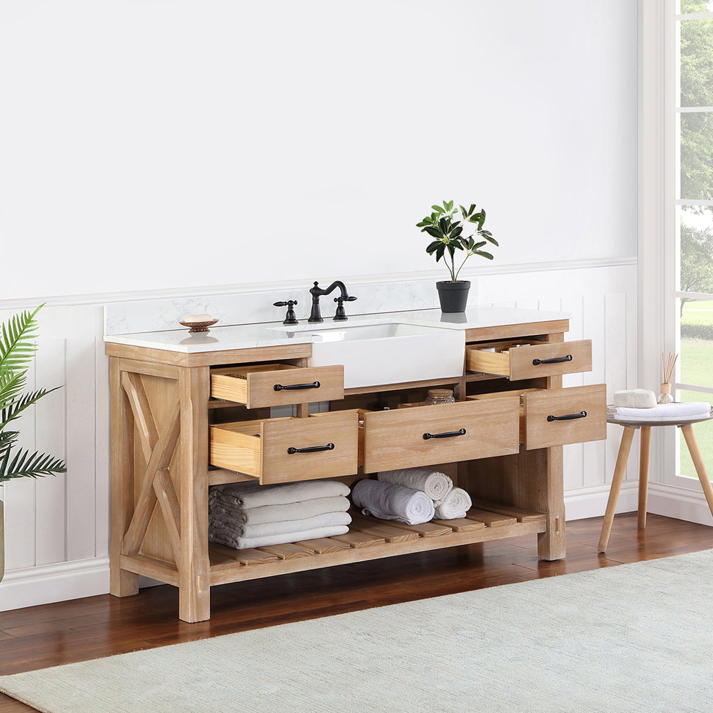 Vinnova, Villareal 60" Single Bath Vanity in Weathered Pine with Composite Stone Top in White, White Farmhouse Basin