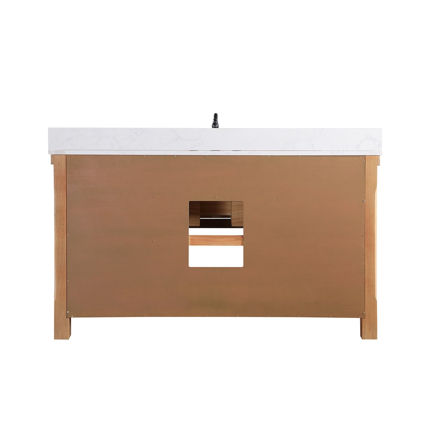 Vinnova, Villareal 60" Single Bath Vanity in Weathered Pine with Composite Stone Top in White, White Farmhouse Basin and Mirror