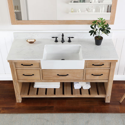 Vinnova, Villareal 60" Single Bath Vanity in Weathered Pine with Composite Stone Top in White, White Farmhouse Basin and Mirror